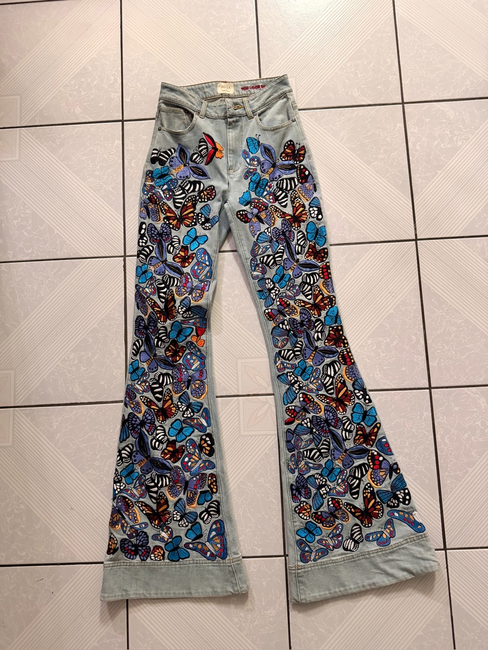 Alice + Olivia Butterfly Embroidered High-Rise Bell-Bottom Jeans
